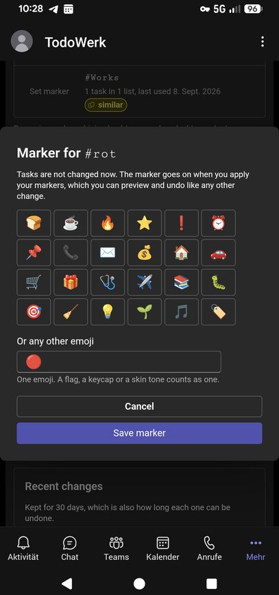 TodoWerk in Microsoft Teams on Android: choosing an emoji marker for a hashtag